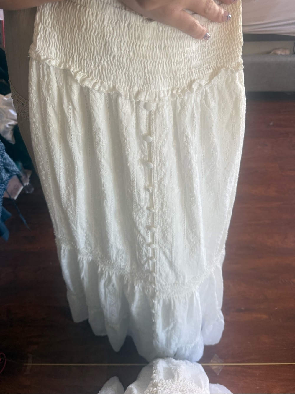 Cream Maxi Skirt with Button-Front and Smocked Waist